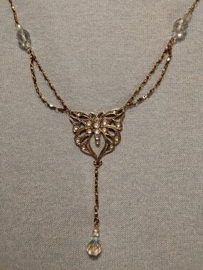 Avon Gold Butterfly Drop Necklace with Crystal Bead